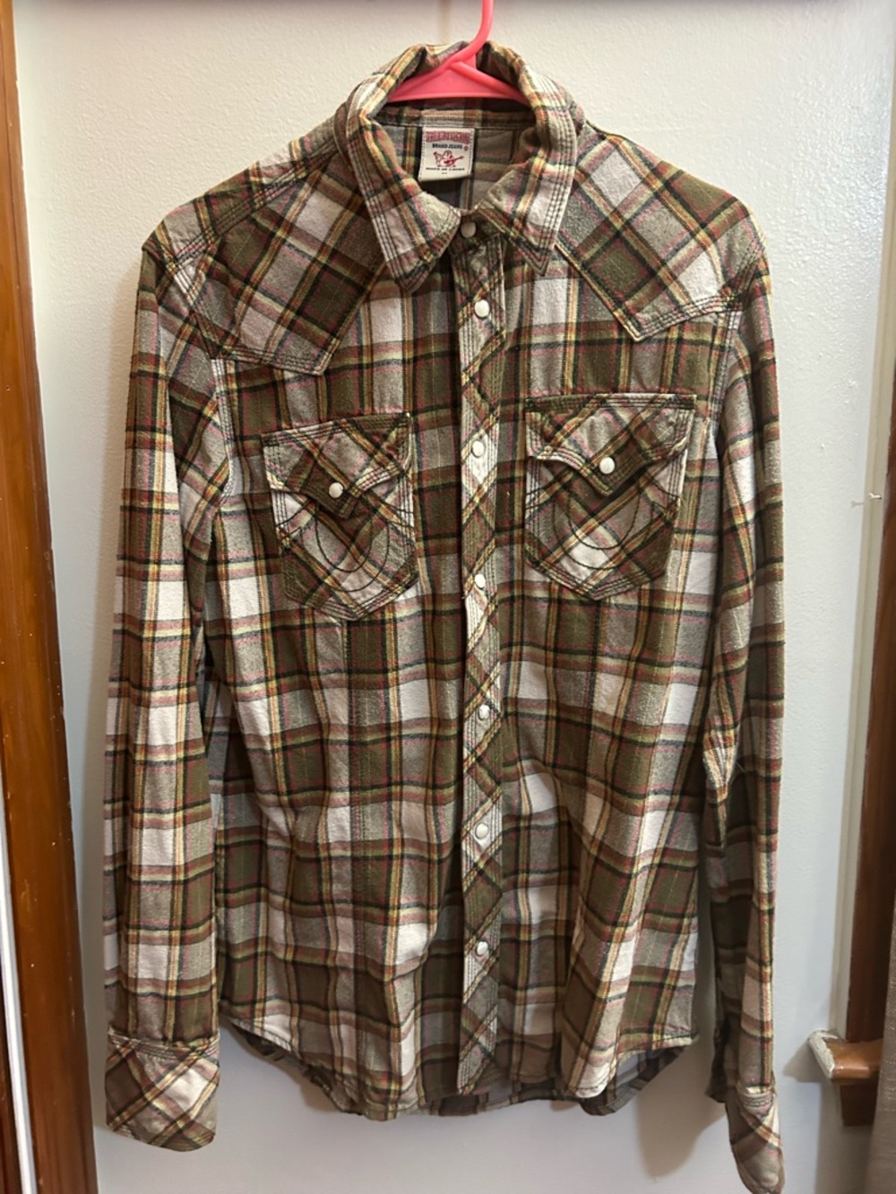 True Religion Men's Plaid Button-Down Shirt in Olive & Cream